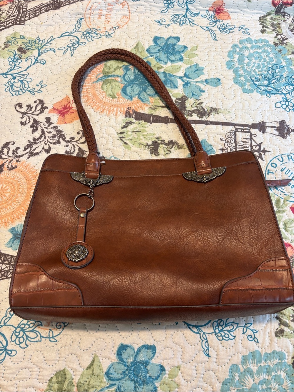 Bueno Brown Braided-Handle Shoulder Tote with Decorative Charm